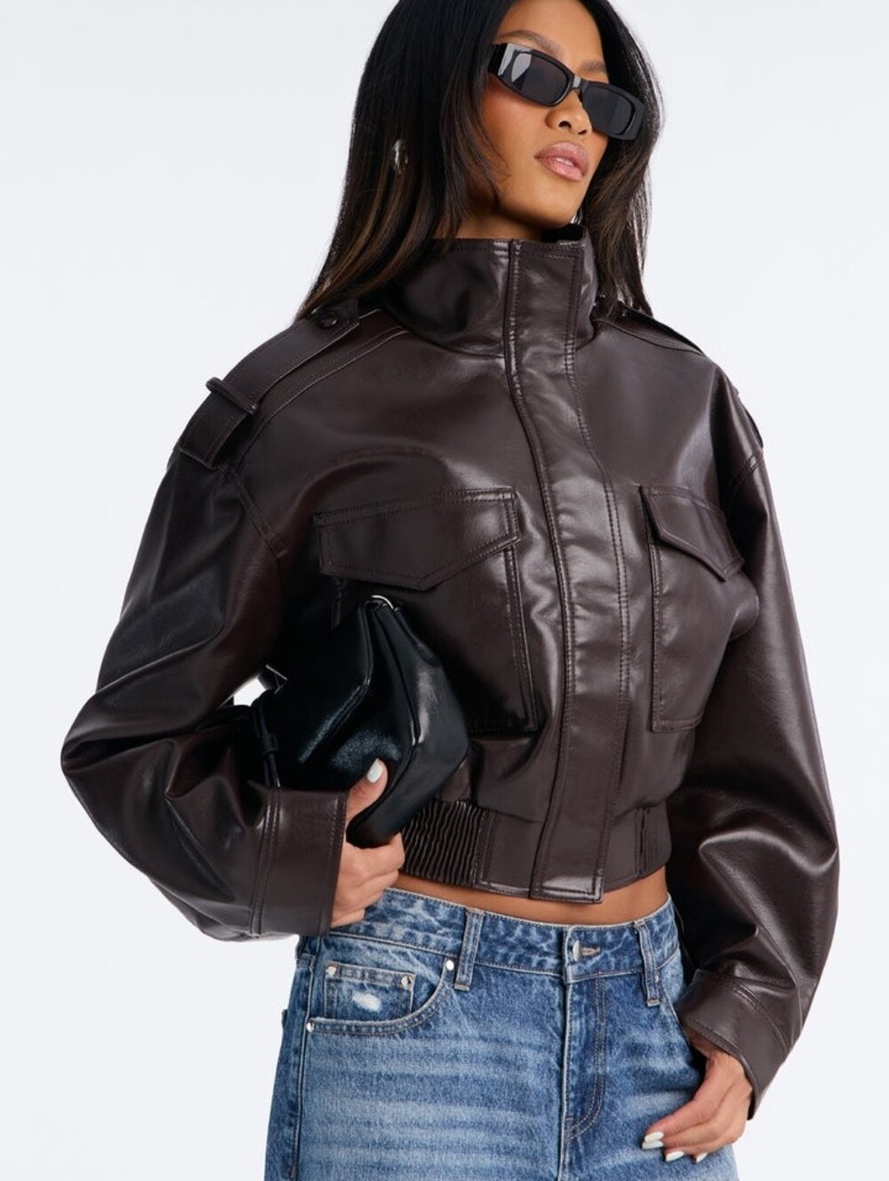Women's Dark Brown Faux Leather Cropped Jacket